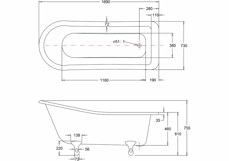 Harewood slipper bath with standard legs BB Whitebook